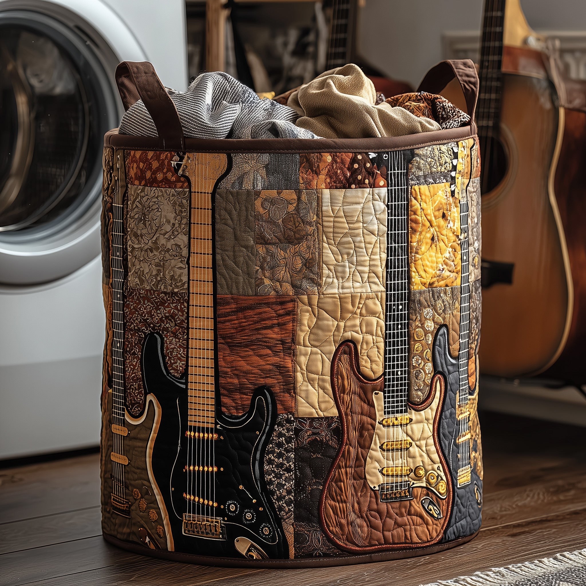 Vintage Guitar Quilted Laundry Basket Musical Gifts For Adults