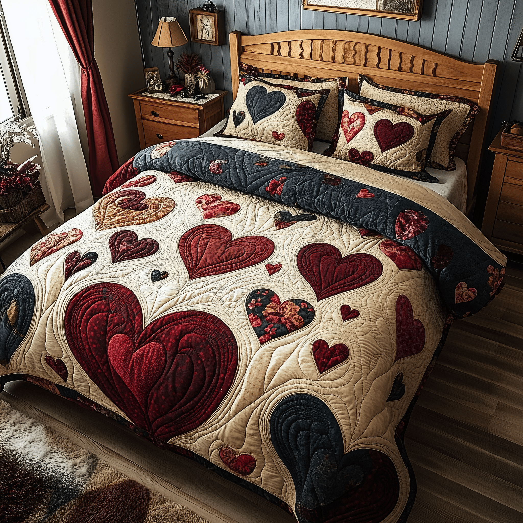 Vintage Heart Quilted Bedding Set Christmas Bedding Set Top Christmas Gifts 2024 For Couples