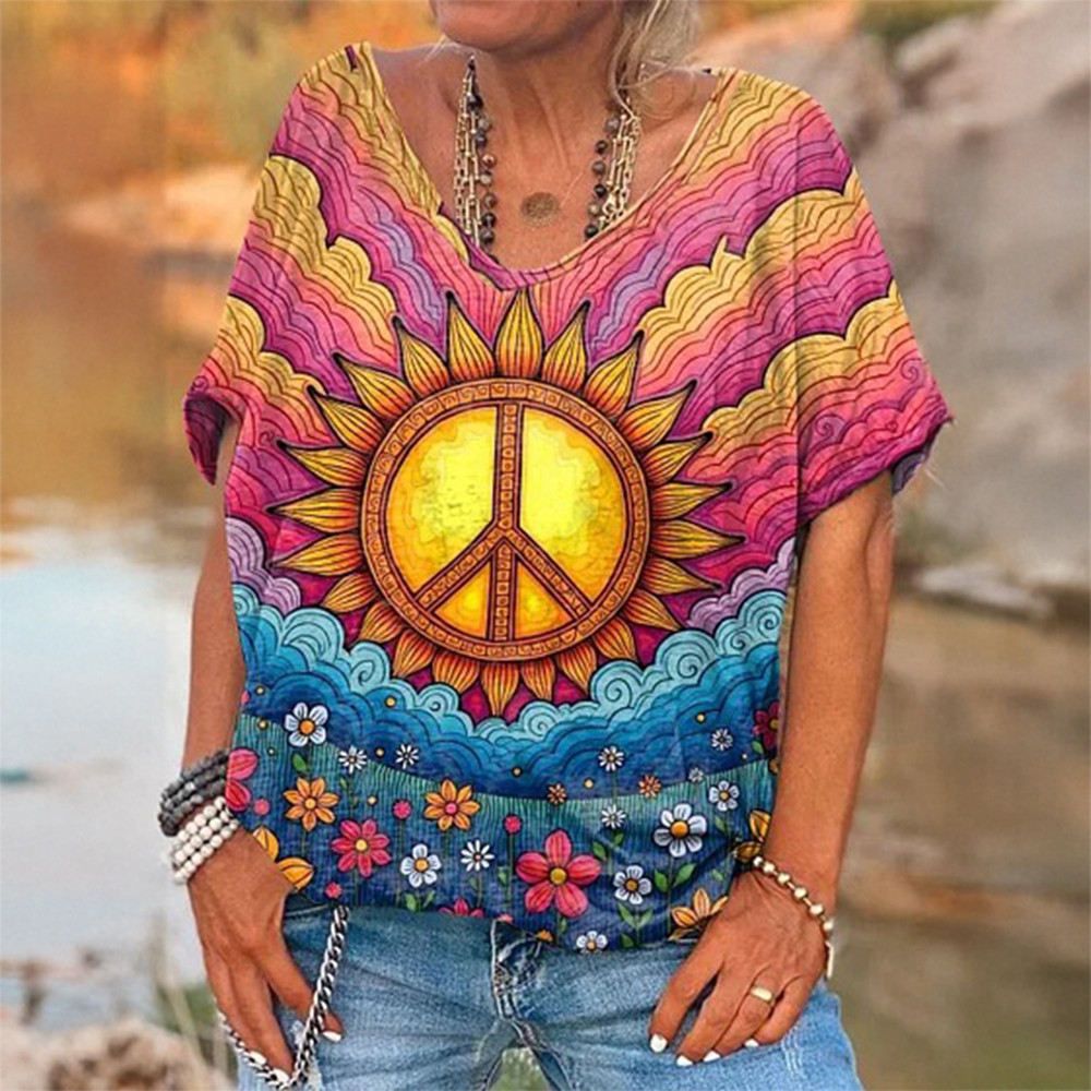 Vintage Hippie Peace And Love Floral V-Neck Shirt Hippie Style Merch Good Gift For Peace Advocate
