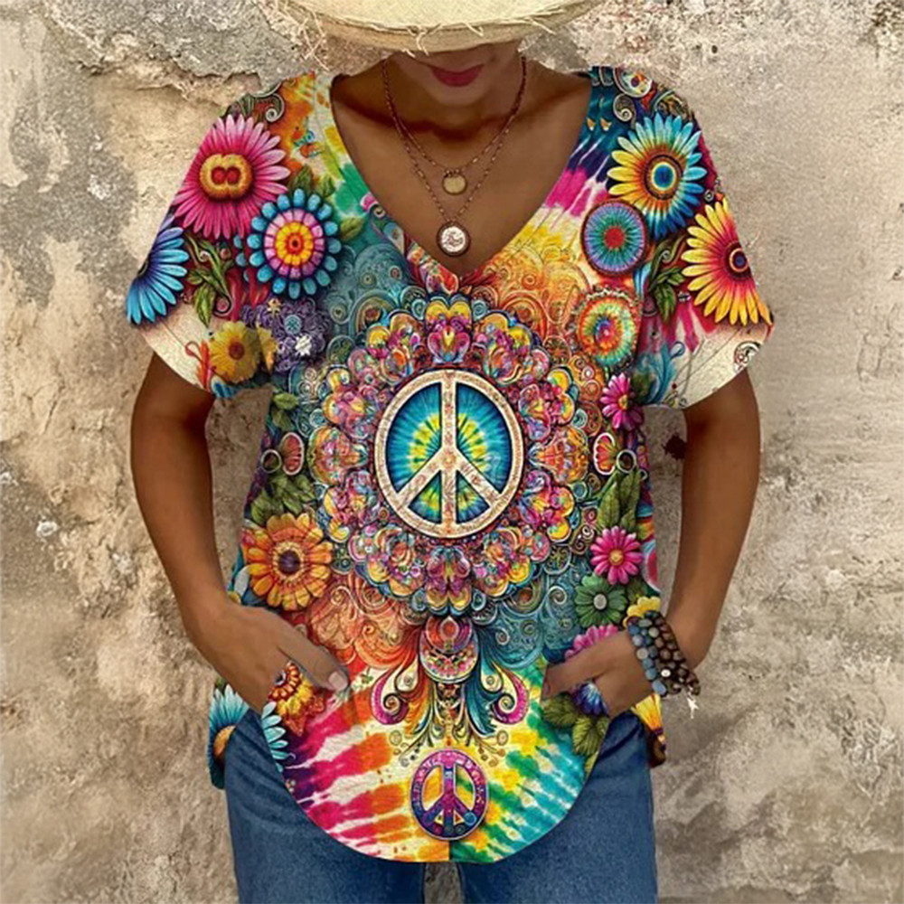 Vintage Hippie Peace Love V-Neck Shirt Boho Hippie Clothes Present For Mother