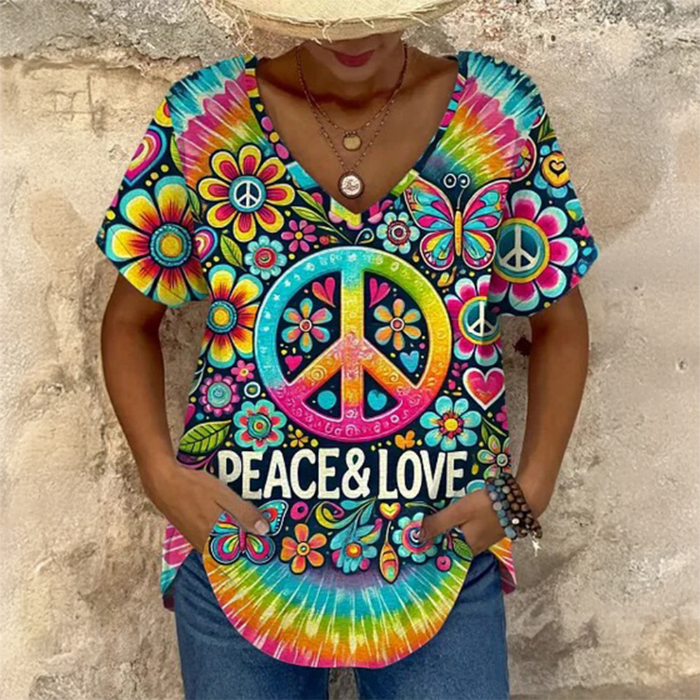 Vintage Hippie Peace Love V-Neck Shirt Hippie Style Merch Good Gift For Peace Advocate