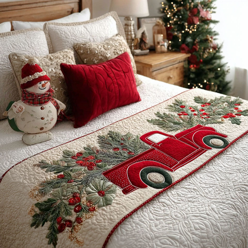 Vintage Holiday Wheels Quilted Bed Runner Christmas Bed Runner Xmas Gifts