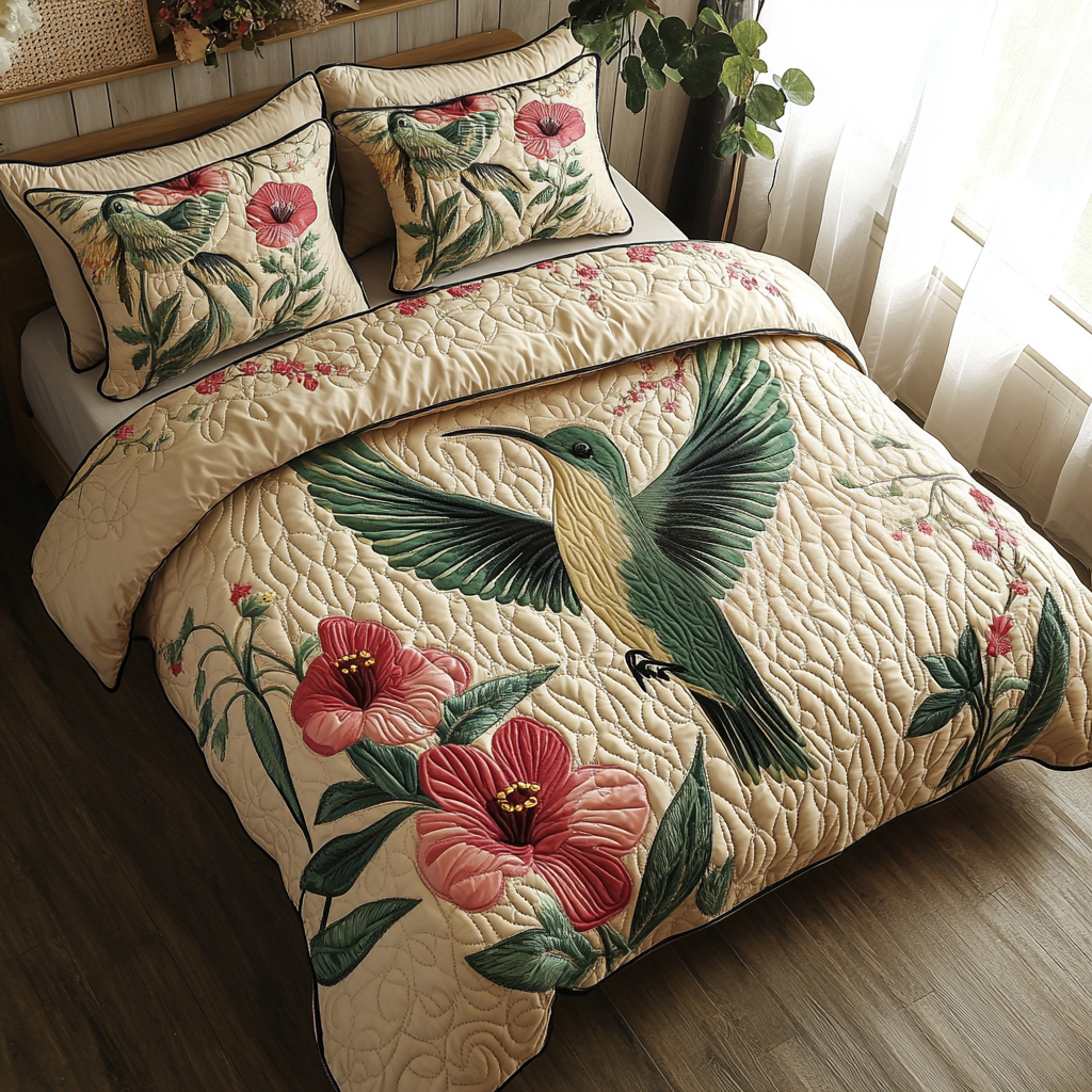 Vintage Hummingbird Charm Quilted Bedding Set Cozy Bedroom Decor Best Gifts For Hummingbird Lovers