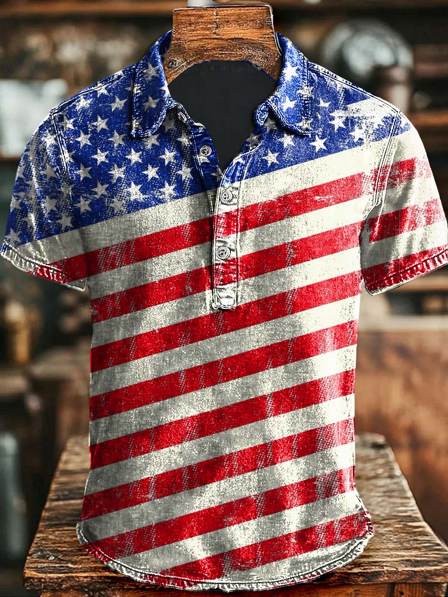 Vintage Independence Day Patriotic Flag Print Casual Short Sleeve Polo Shirt Halloween Apparel Present Ideas