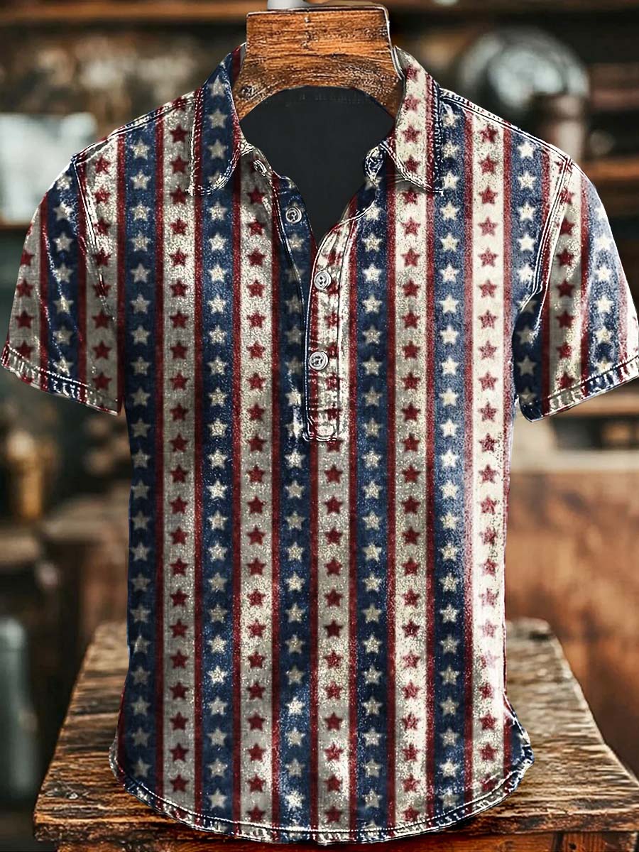 Vintage Independence Day star print casual short sleeve polo shirt Spooky Gifts For Men