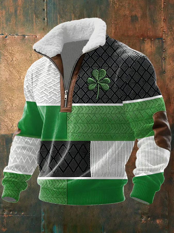 Vintage Irish Saint Patrick's Day Shamrock Zipper Fur Collar Sweatshirt Irish Theme Gift Ideas