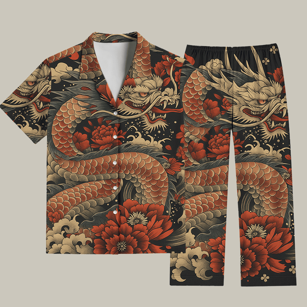 Vintage Japanese Art Dragon Pajama Set Funny Christmas Clothing Christmas Gifts For Mum