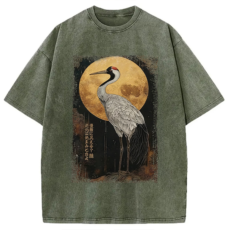 Vintage Japanese Crane Kanji Washed T-Shirt Everyday Comfort Graphic Shirt Gifts For Him