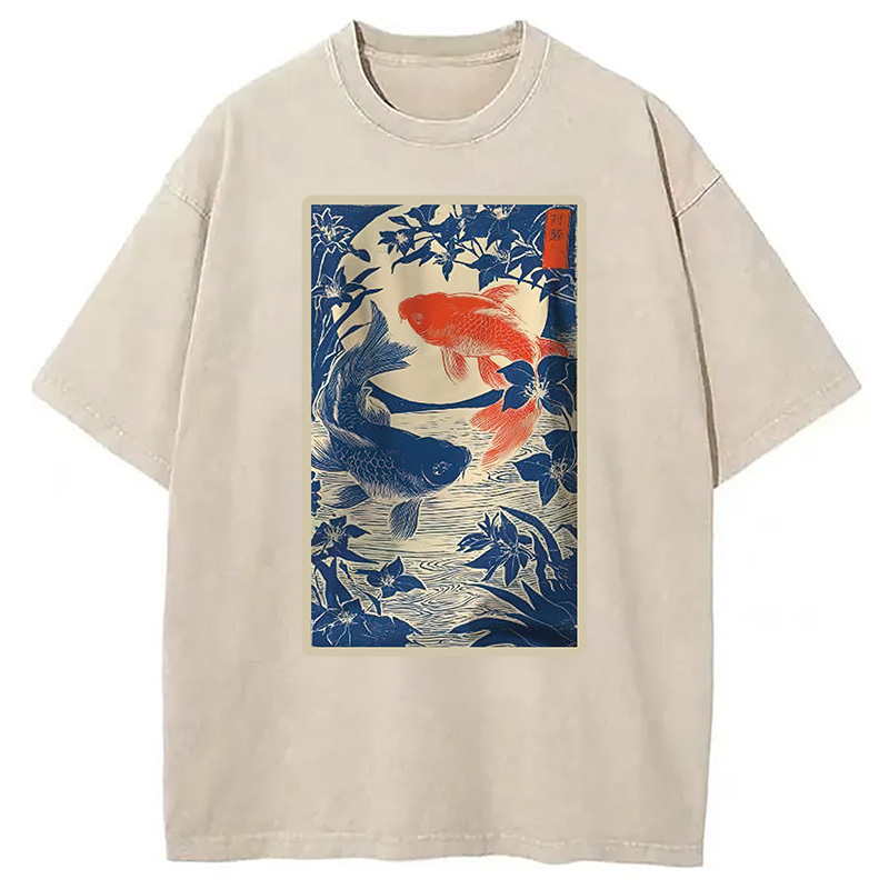 Vintage Japanese Koi Fish Washed T-Shirt Casual Vintage Everyday Look Gifts For BFF