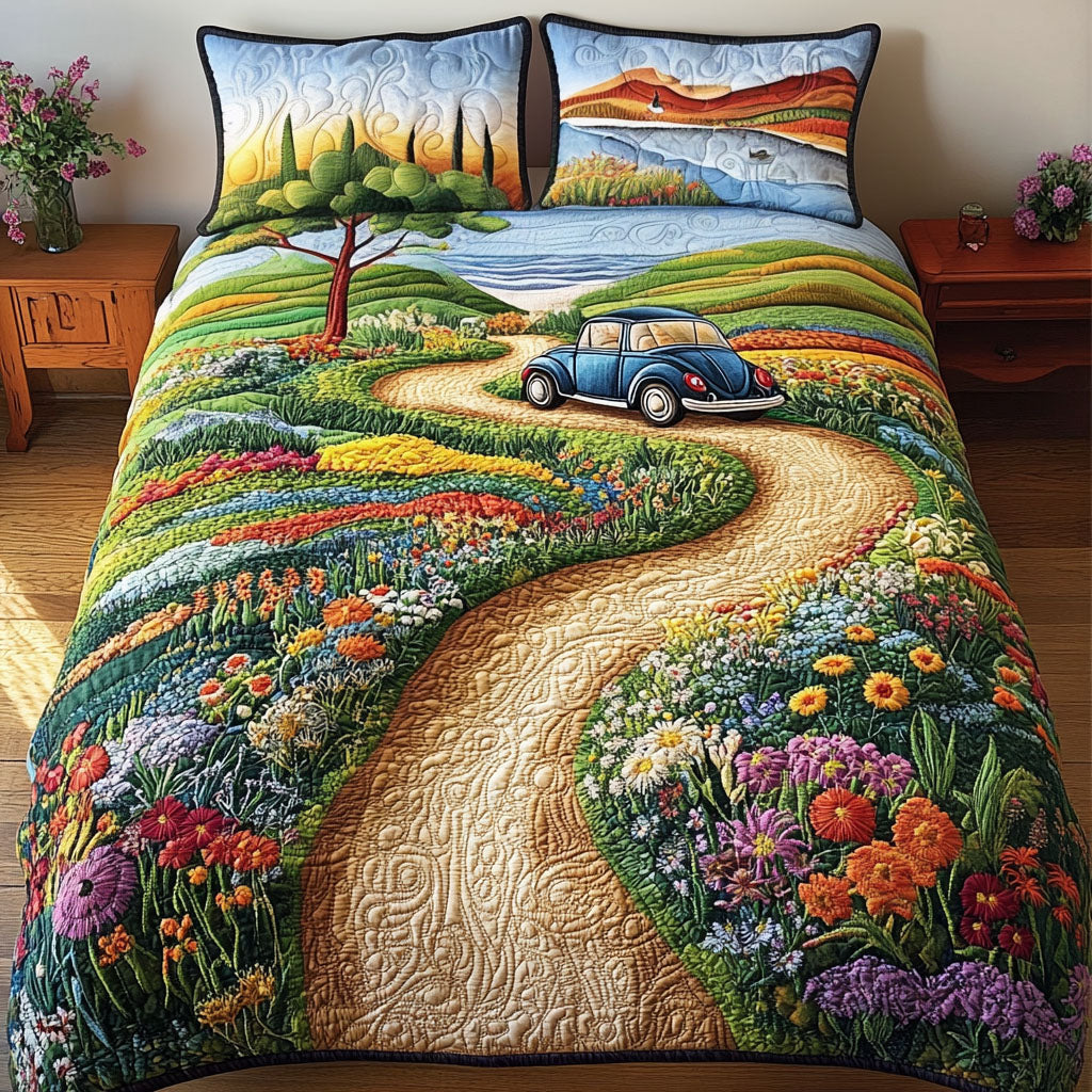 Vintage Joyride Quilted Bedding Set Cozy Bedroom Decor Cool Gifts For Hippies