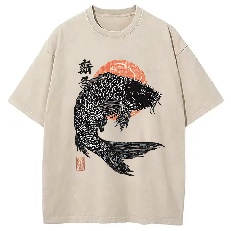 Vintage Koi Rice Sack Washed T-Shirt Soft Comfortable Daily T Shirt Gifts For Brother