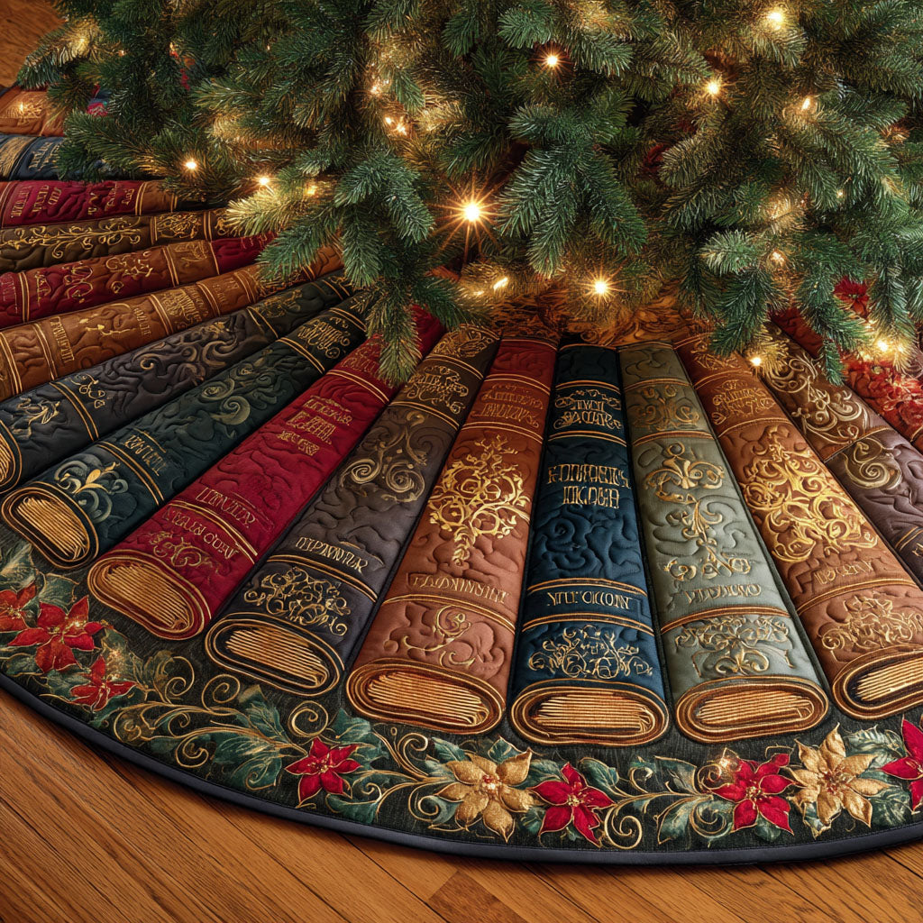 Vintage Library Christmas Quilted Tree Skirt Classic Quilted Tree Skirt for Traditional Holiday Look