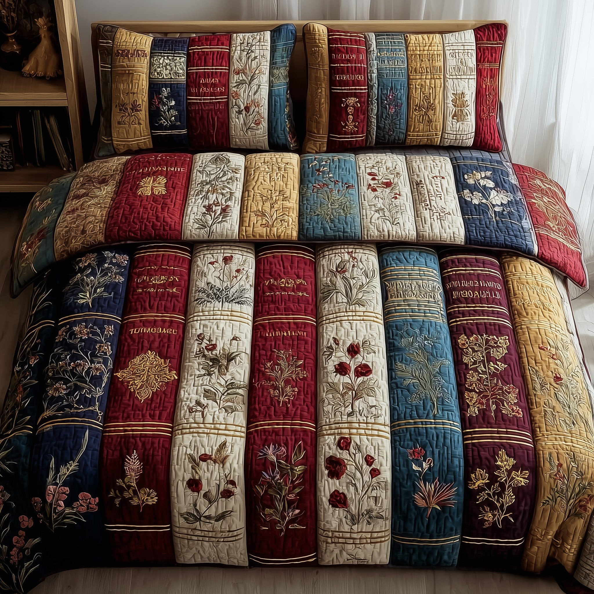 Vintage Library Quilted Bedding Set Retro Reading Unique Bookish Bedroom Gifts