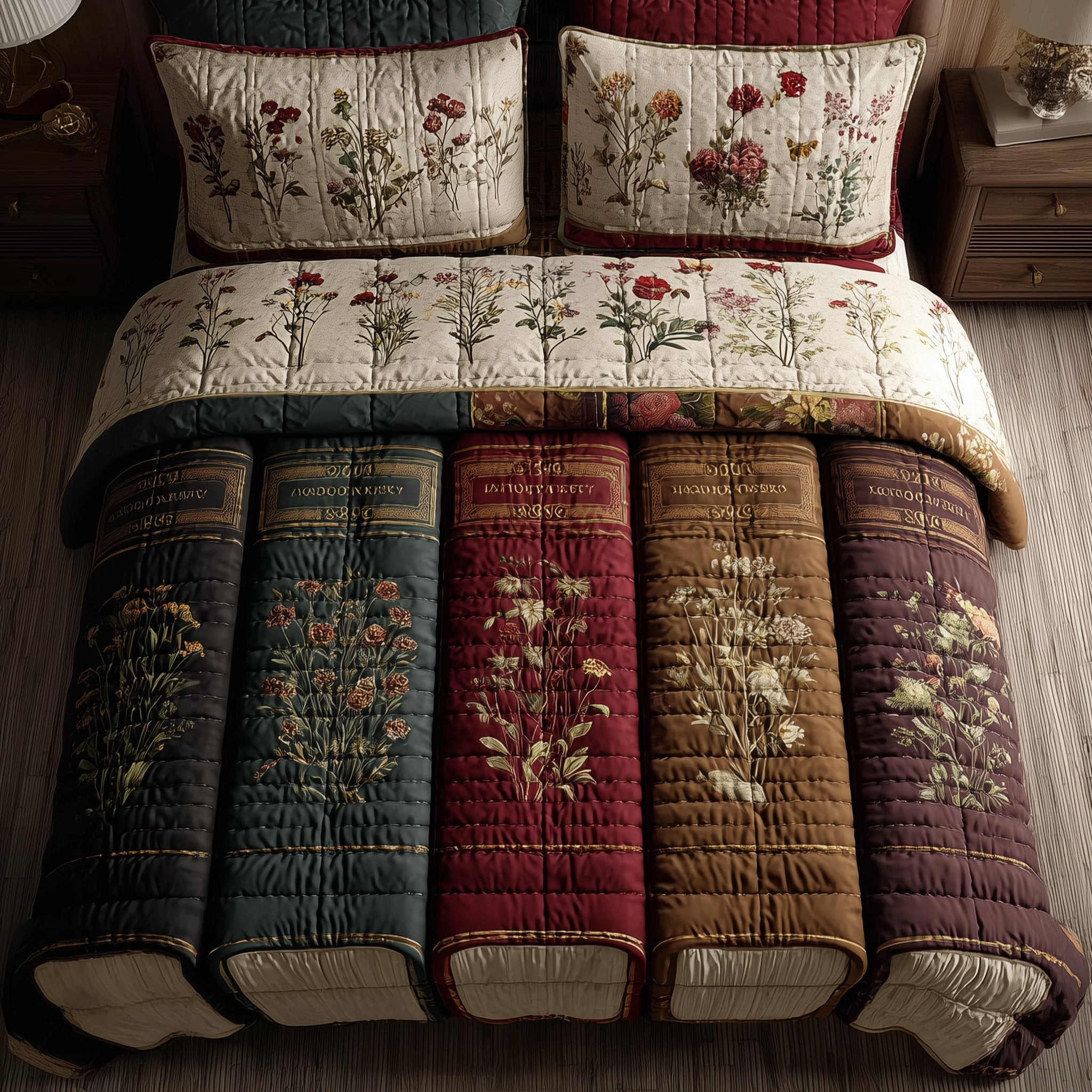 Vintage Library Quilted Bedding Set Retro Rustic Books Design Best Bookish Bedroom Gifts