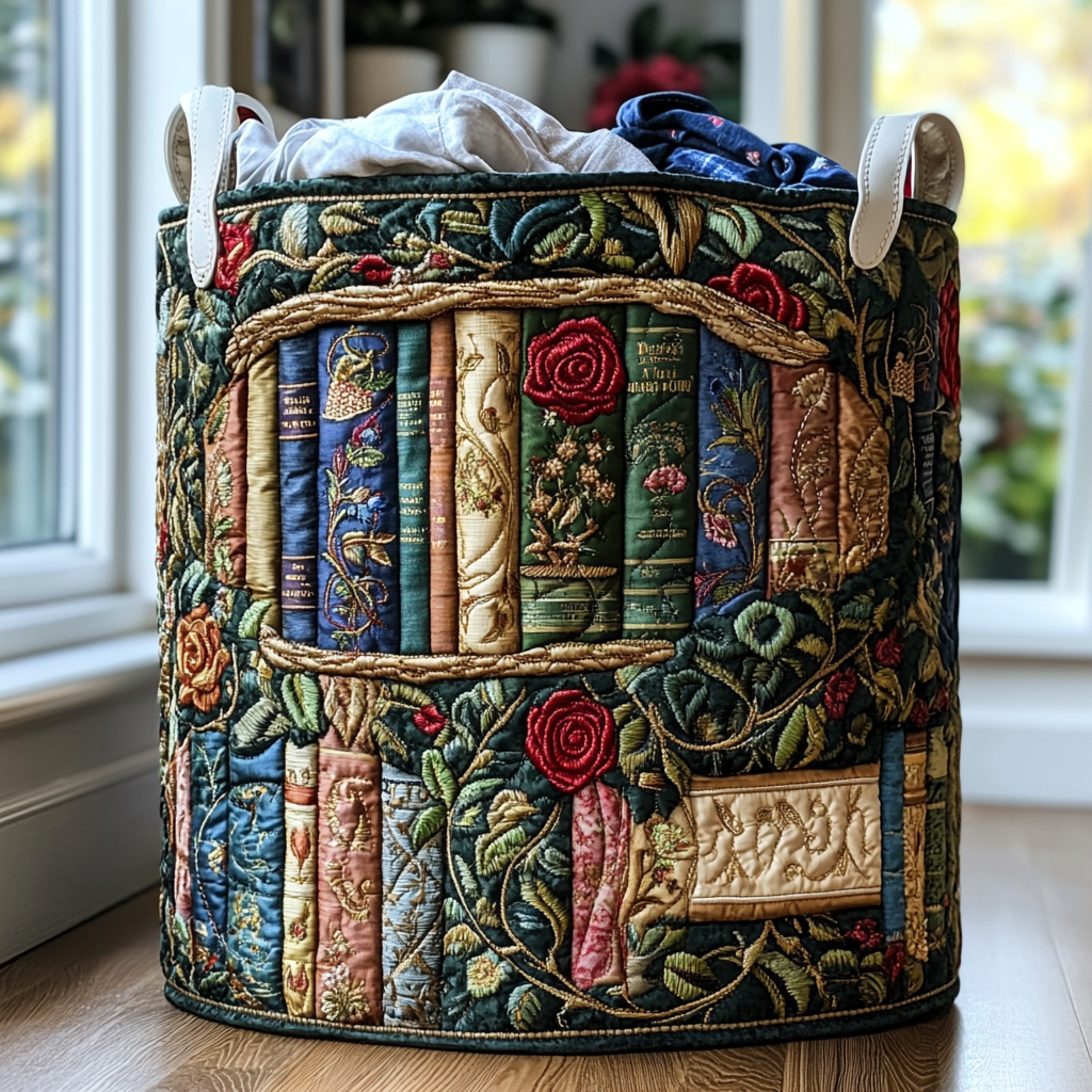 Vintage Library Quilted Laundry Basket Merch For Her