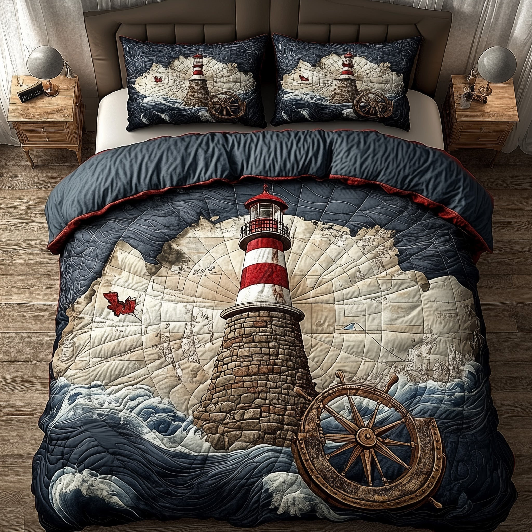 Vintage Lighthouse Quilted Bedding Set Ocean Horizon Best Ocean Landscape Bedroom Gifts