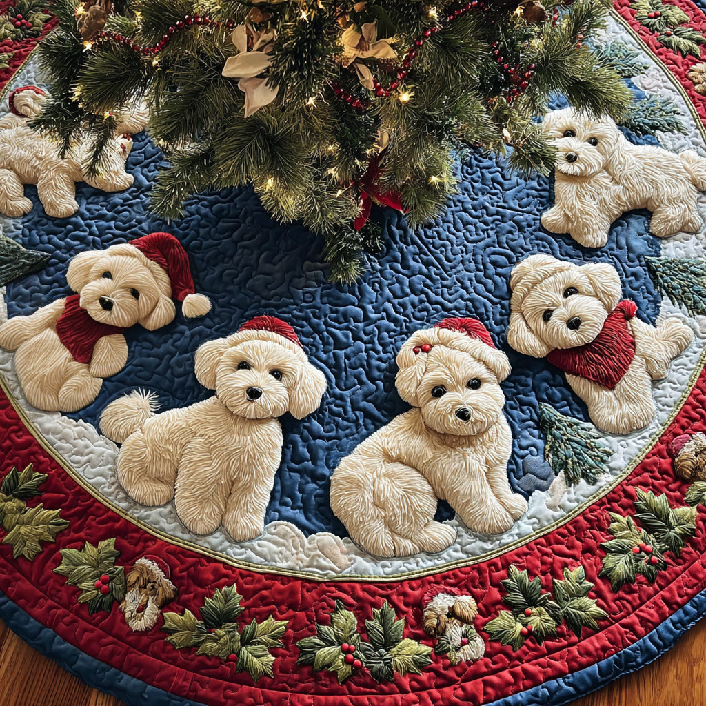 Vintage Maltese Trim Quilted Christmas Tree Skirt Holiday Decor Gifts For Dog Parents