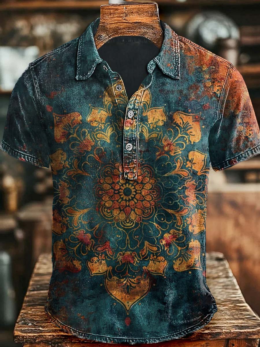Vintage Mandala Print Casual Short Sleeve Polo Shirt Halloween Gift For Lovers And Besties