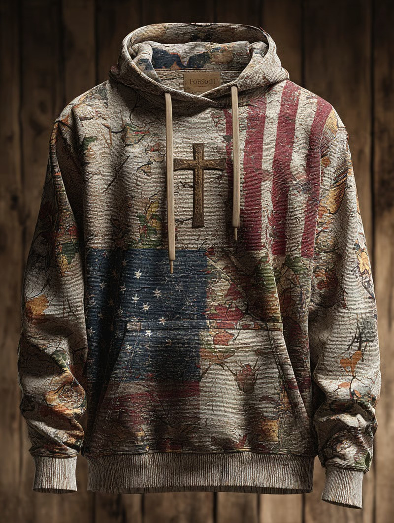Vintage Map Cross Hoodie American Flag Christian Faith Patriotic Outdoor USA Best Gift For Believers