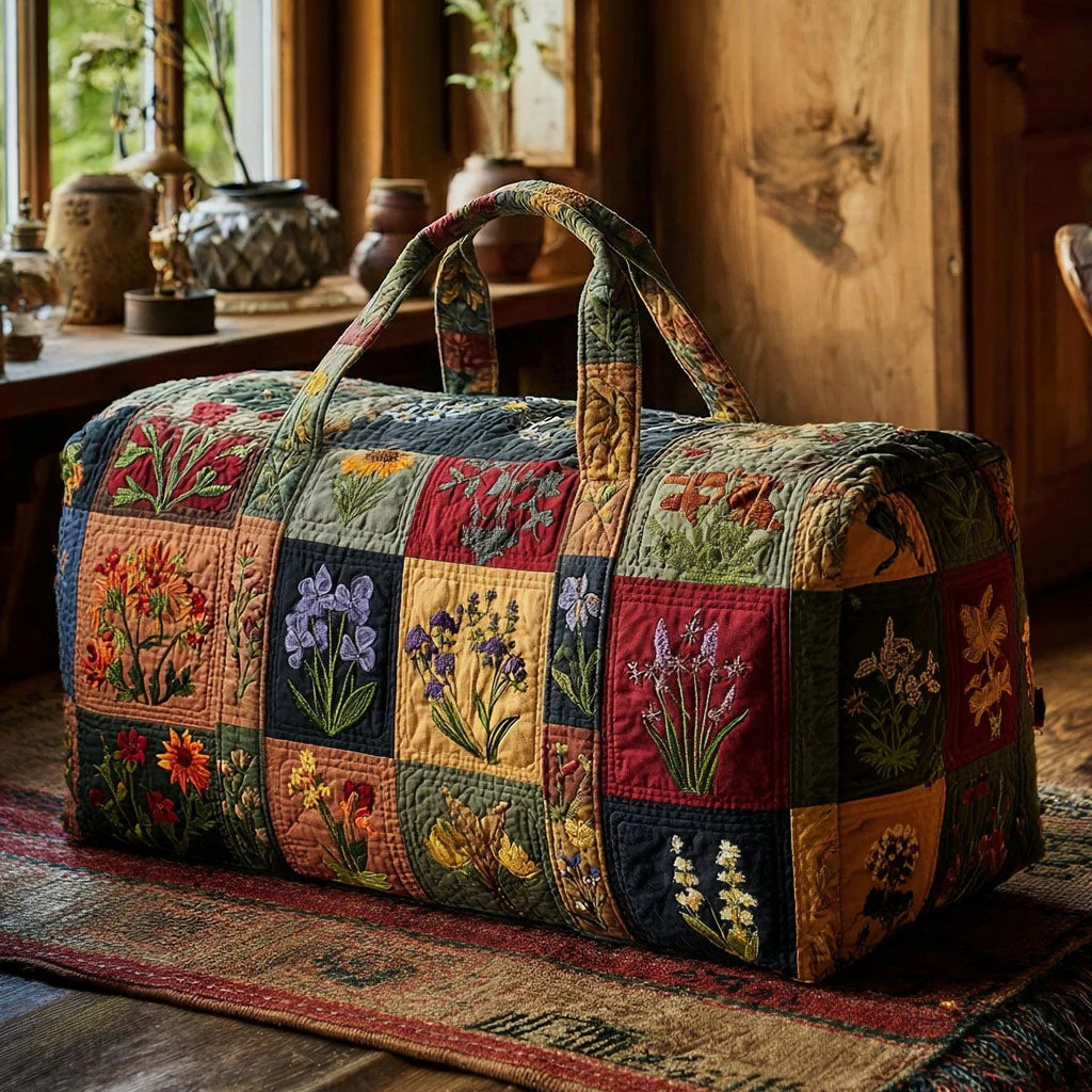 Vintage Meadow Glow Wildflower Quilted Duffle Bag Boho Travel Bag Best Gift For Gardeners