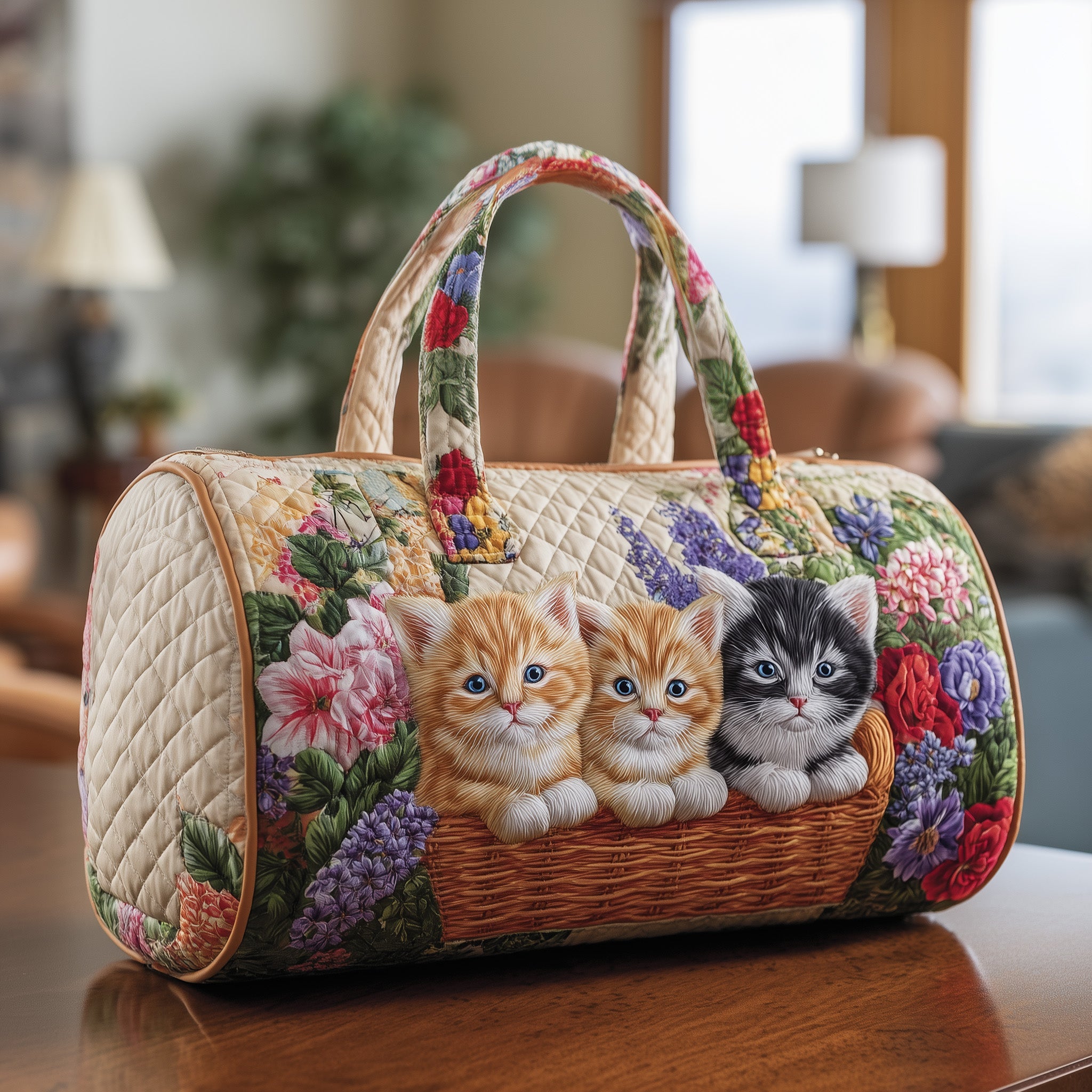 Vintage Meow Bouquet Quilted Duffle Bag For Daily Commute