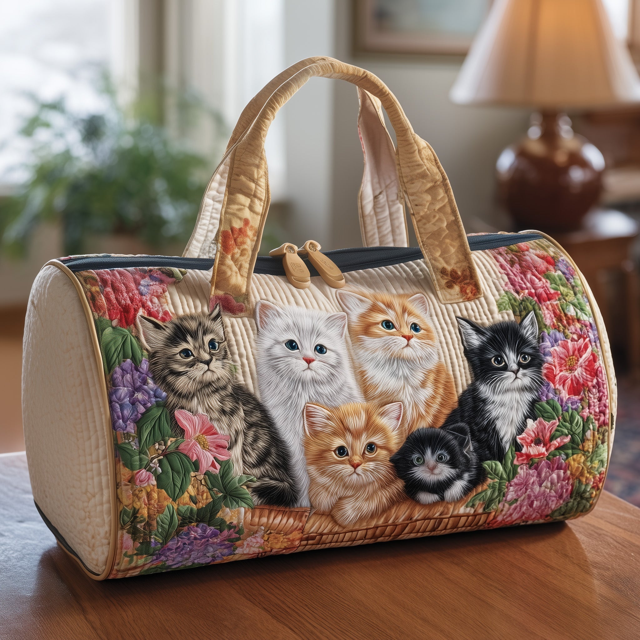 Vintage Meow Bouquet Quilted Duffle Bag For Outdoor Activities