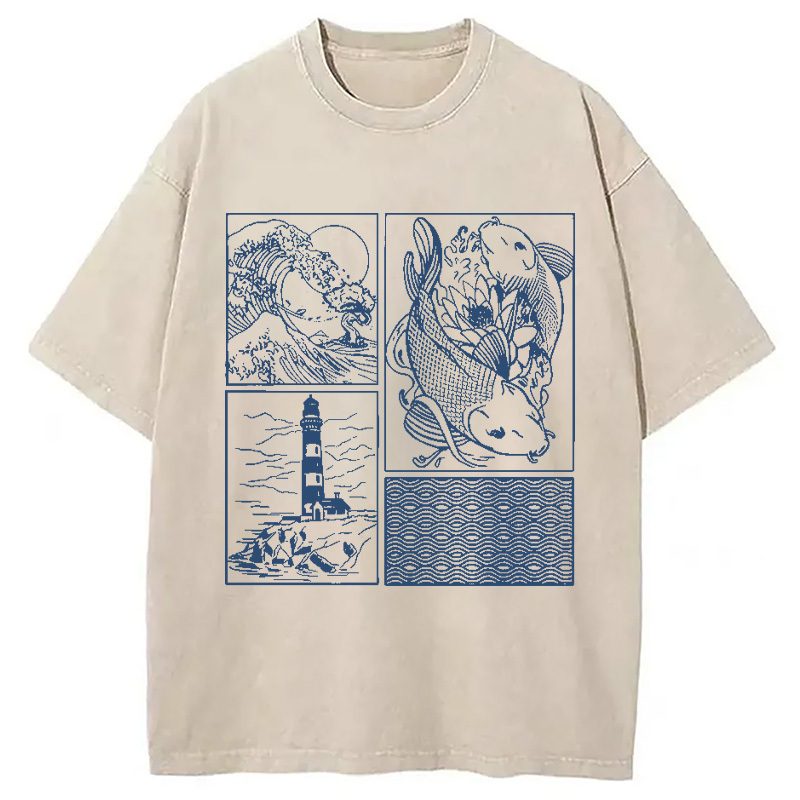 Vintage Minimalist Marine Life Japan Washed T-Shirt Classic Graphic Fashion Tee Gifts For Best Friend