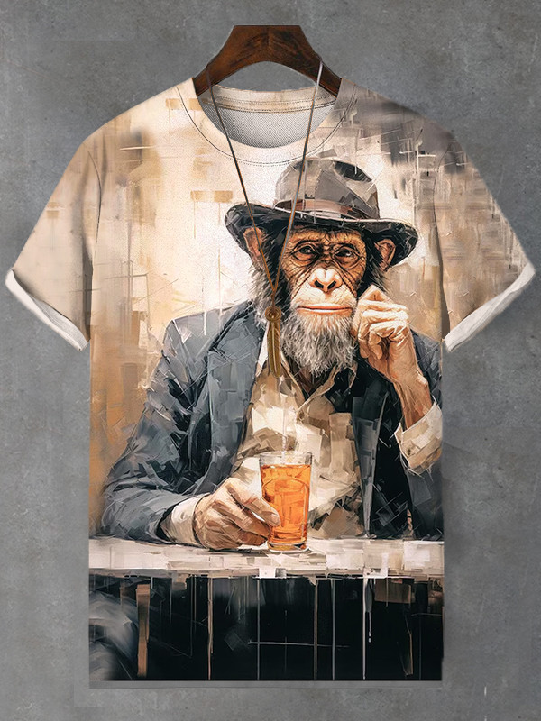 Vintage Monkey Gentleman Drinking Oil Painting Print Shirt Gifts For Monkey Lovers