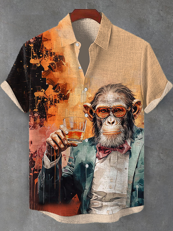 Vintage Monkey Gentleman Whiskey Oil Painting Print Hawaiian Shirt Gifts For Monkey Lovers
