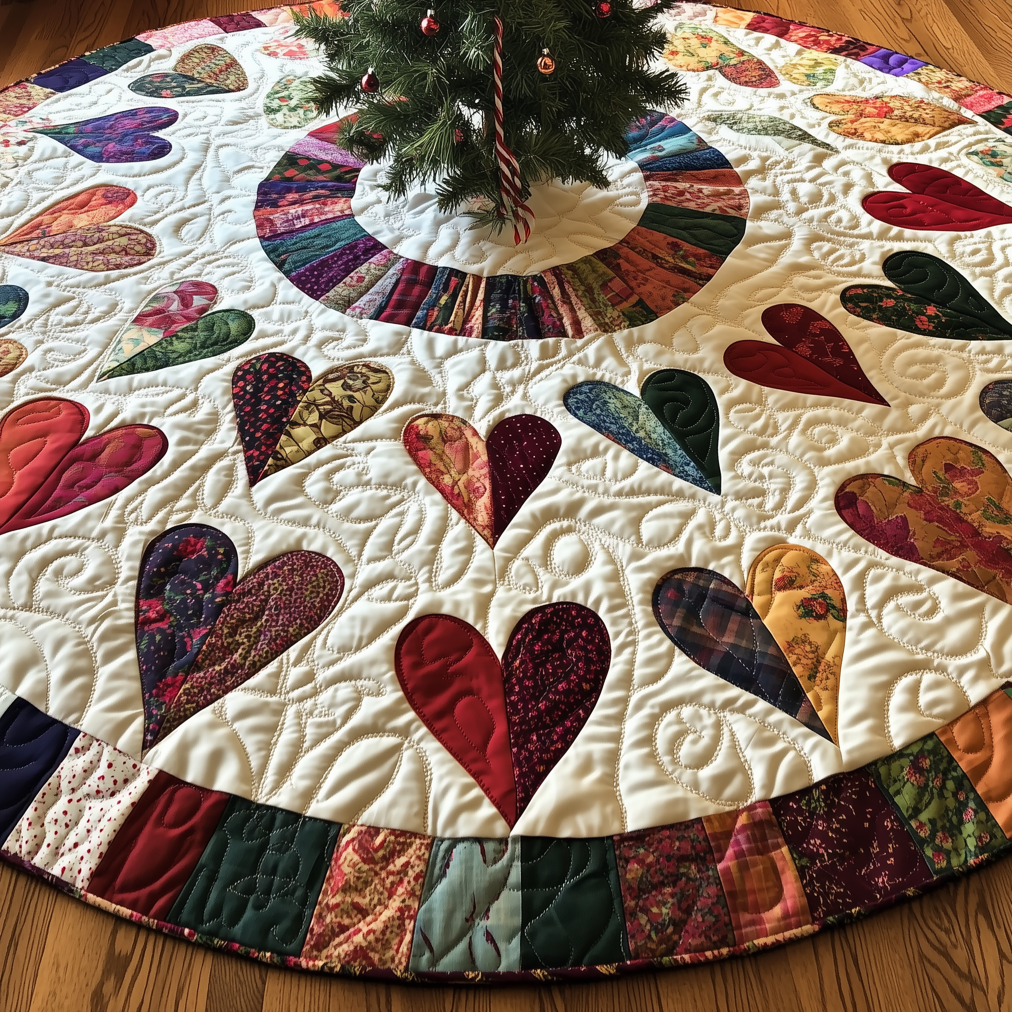 Vintage Patchwork Heart Christmas Tree Skirt Quilted Holiday Decoration and Family Gift