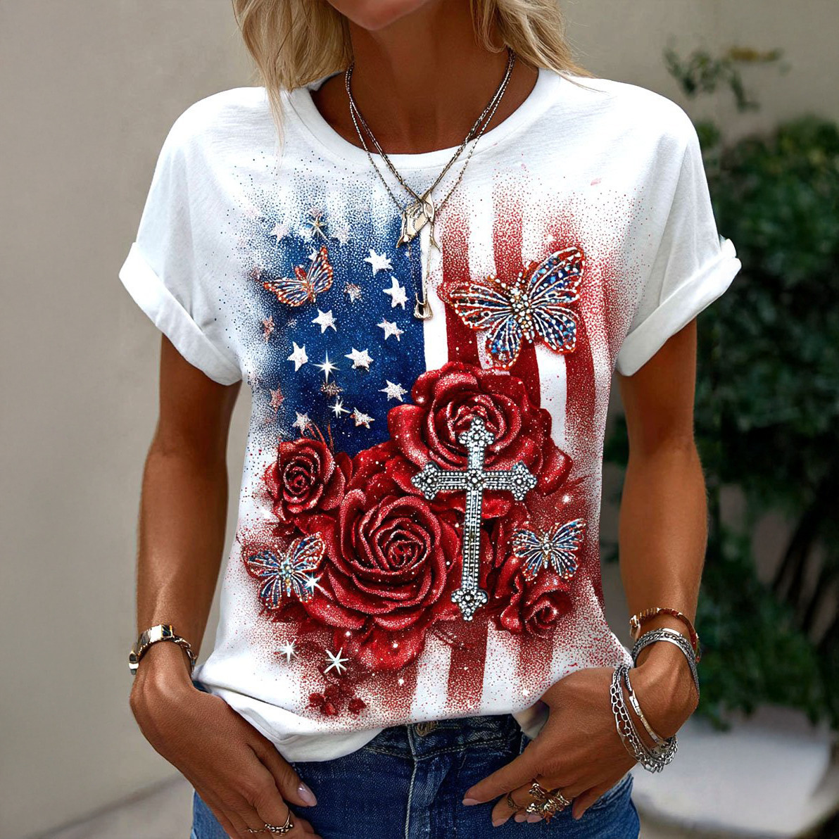 Vintage Patriotic American Flag Floal T-Shirt Independence Day Clothes Gift For Wife