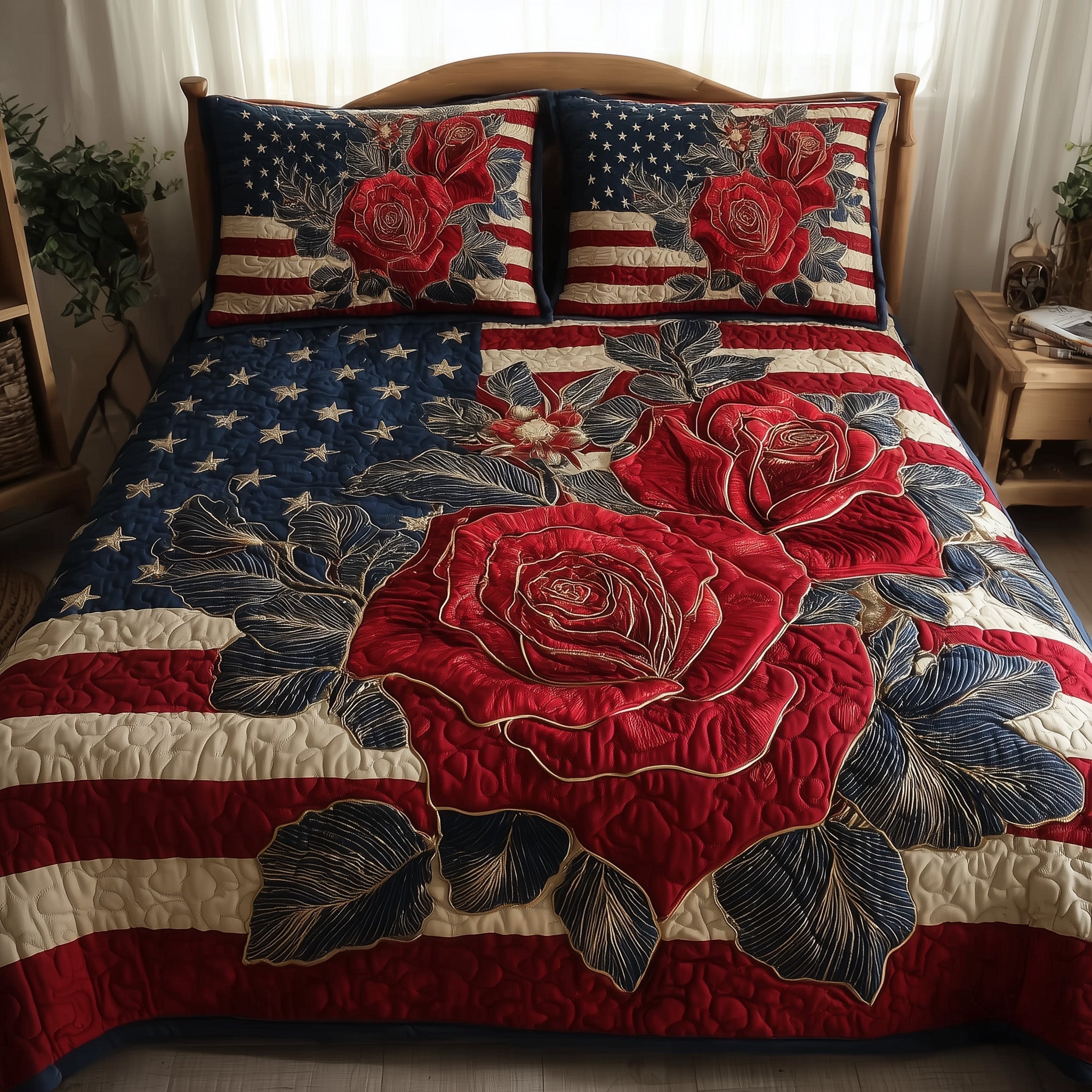 Vintage Patriotic Rose Quilted Bedding Set Geometrical Pattern