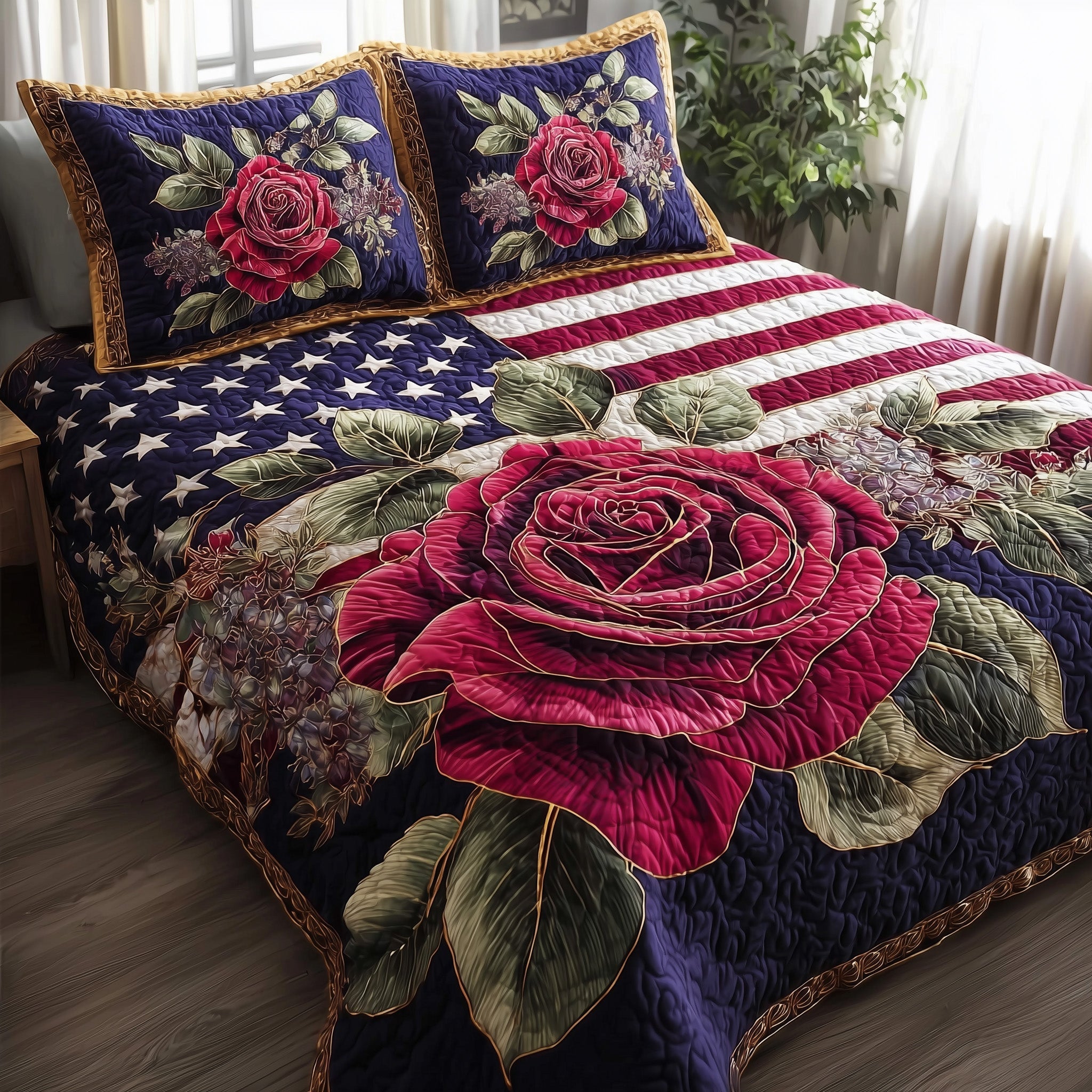 Vintage Patriotic Rose Quilted Bedding Set Striped Design