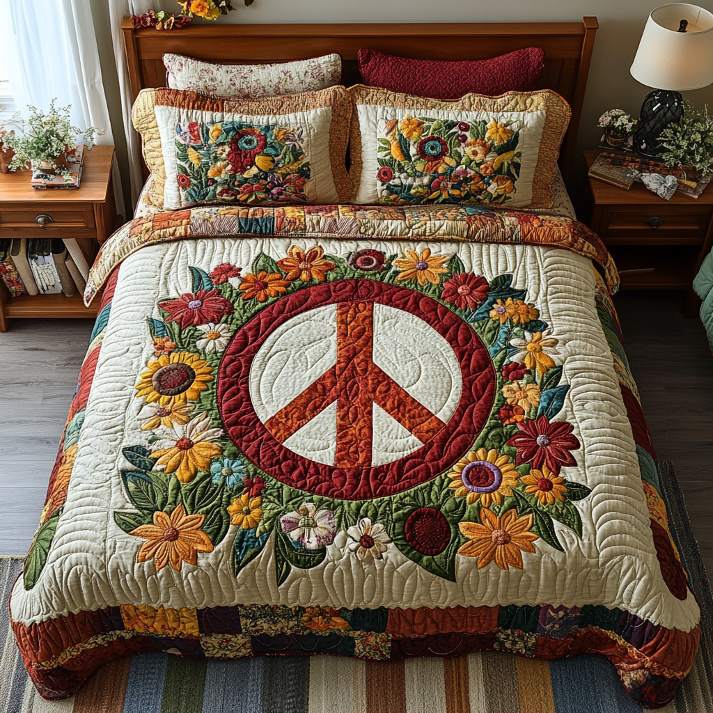 Vintage Peace Quilted Bedding Set Bed Decorations Hippie Birthday Gifts