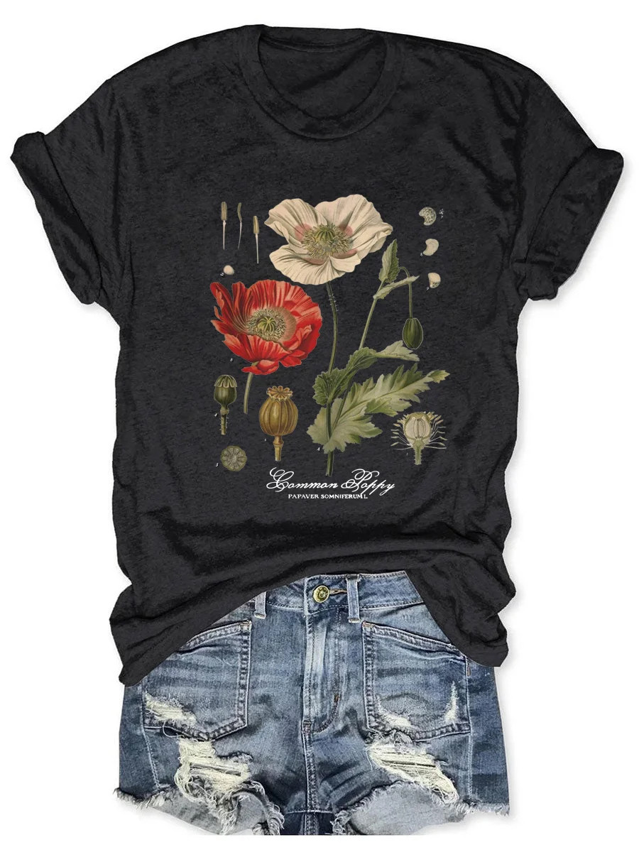 Vintage Poppy T-Shirt Flower Pattern Movement Fashion Presents For Women