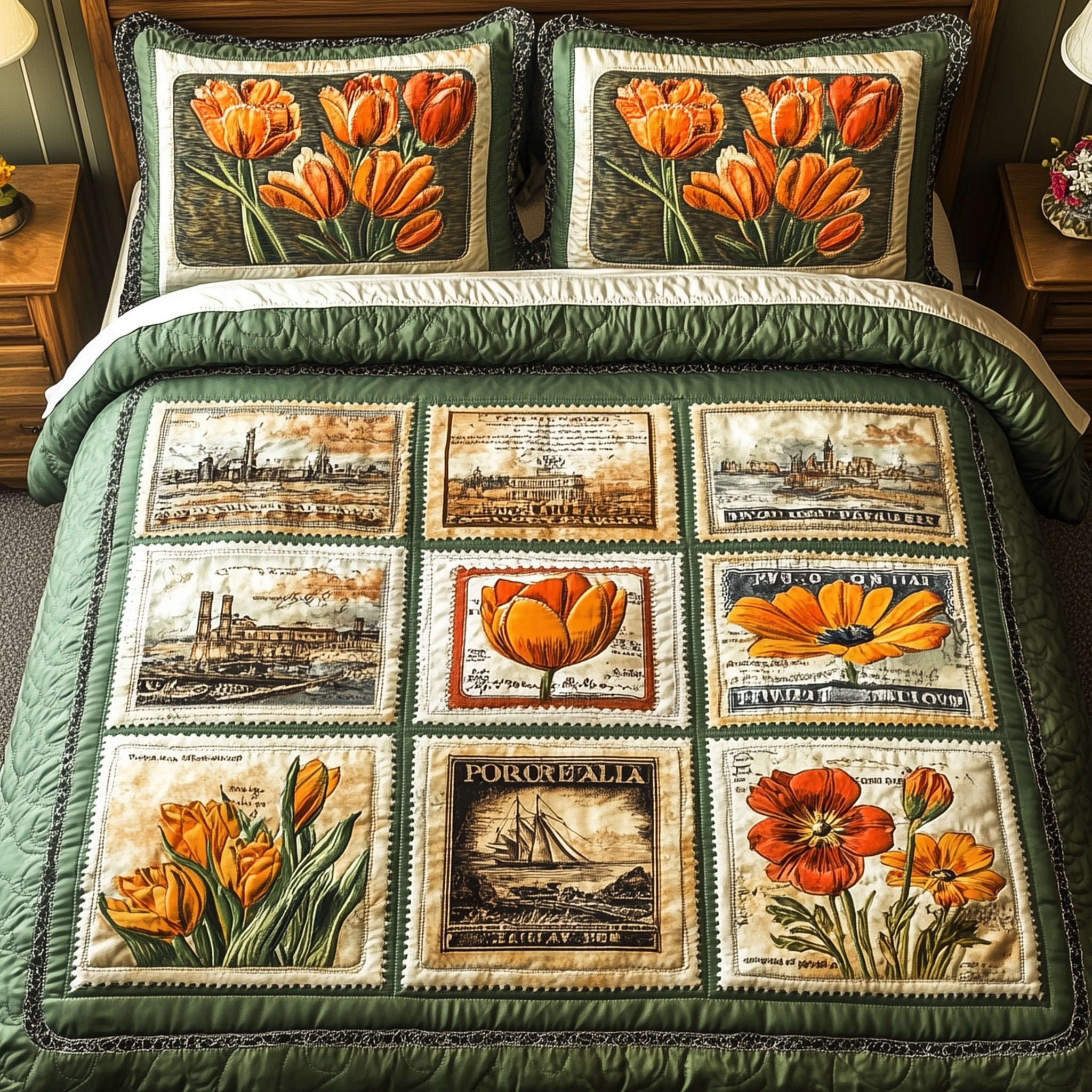 Vintage Postcard Quilted Bedding Set Duvet Cover Merchandise Gifts For Stamp Collectors Christmas