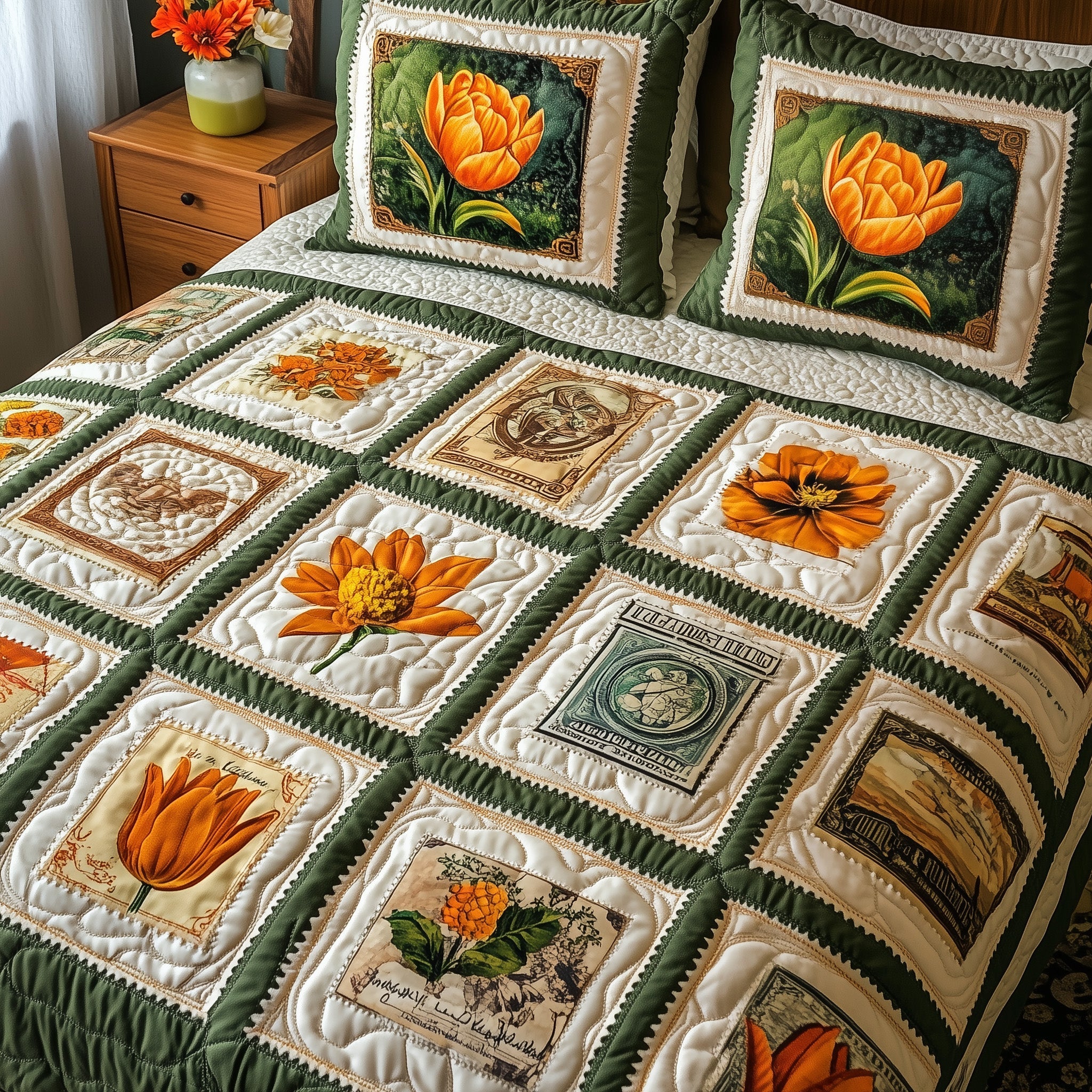 Vintage Postcard Quilted Bedding Set Duvet Cover Merchandise Stamp Related Gifts