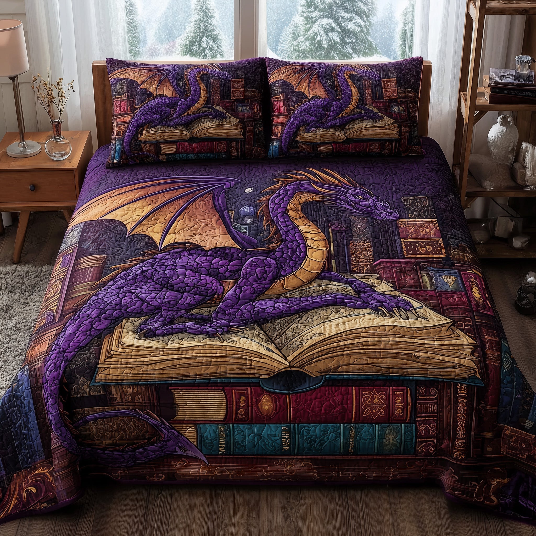 Vintage Purple Dragon Quilted Bedding Set Duvet Cover Bedspread Cool Gifts For Dragon Lovers