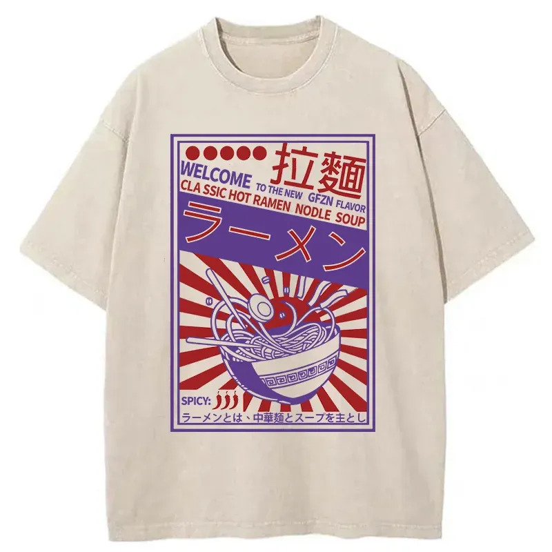 Vintage Ramen Poster Washed T-Shirt Retro Streetwear Graphic Top Gifts For BFF