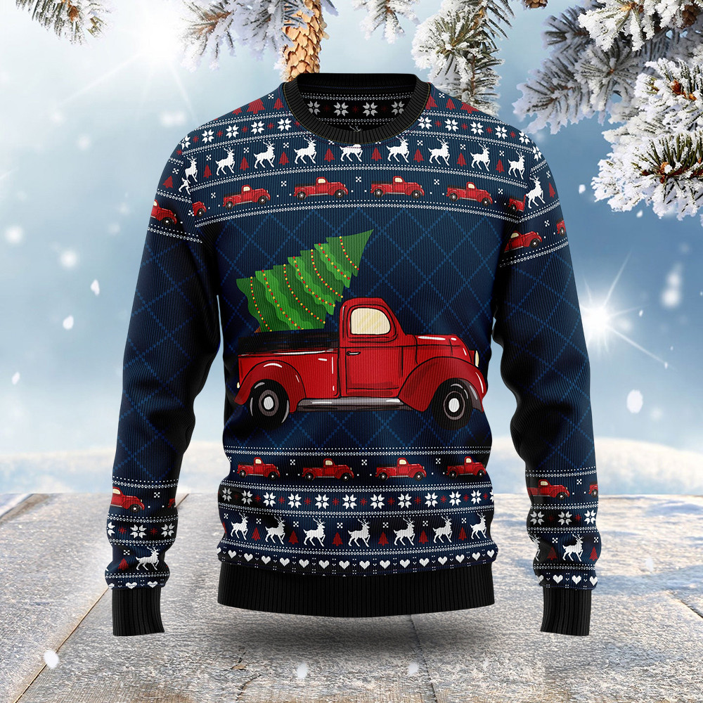 Vintage Red Truck And Tree Ugly Christmas Sweater Winter Clothes Christmas Gifts For Truckers