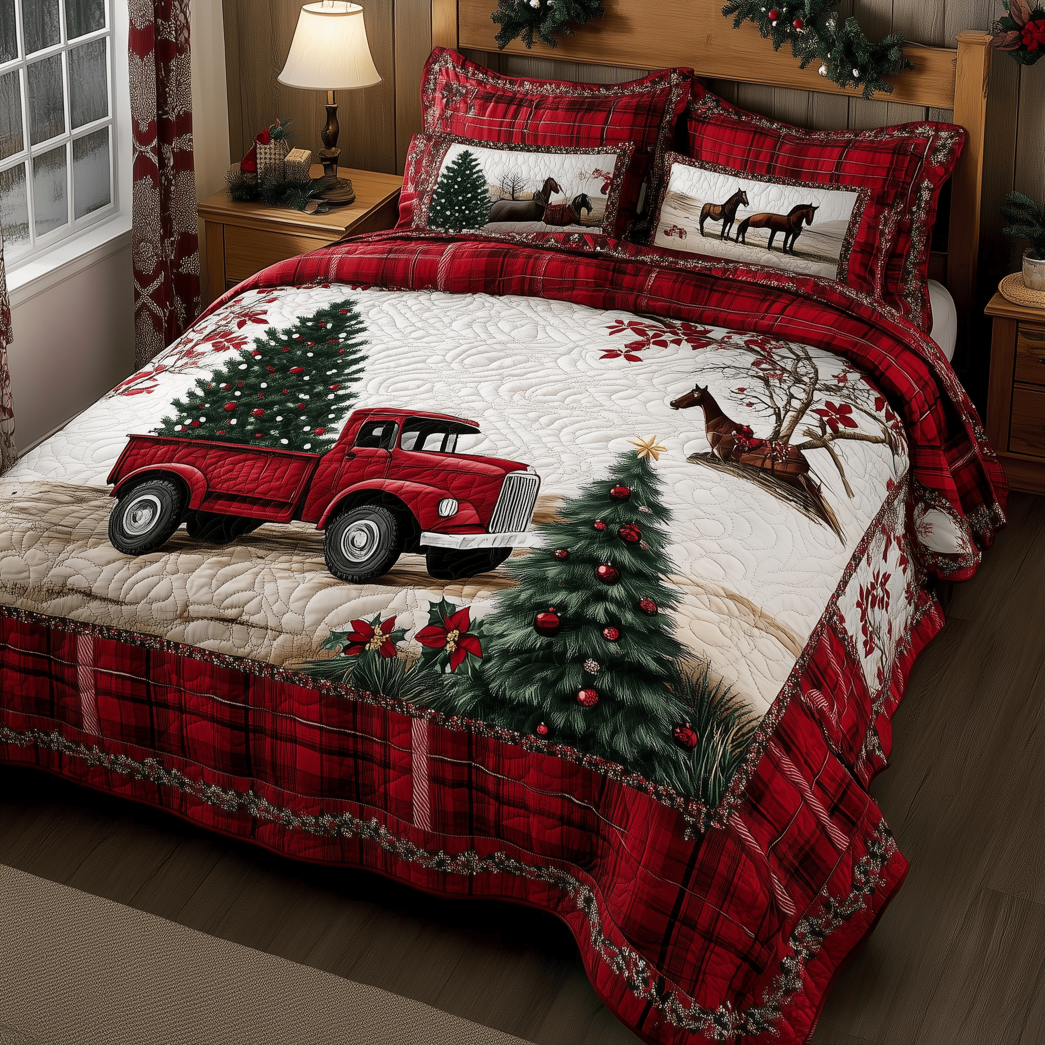 Vintage Red Truck Quilted Bedding Set Christmas Bedding Set Cool Gifts For Couples Who Have Everything