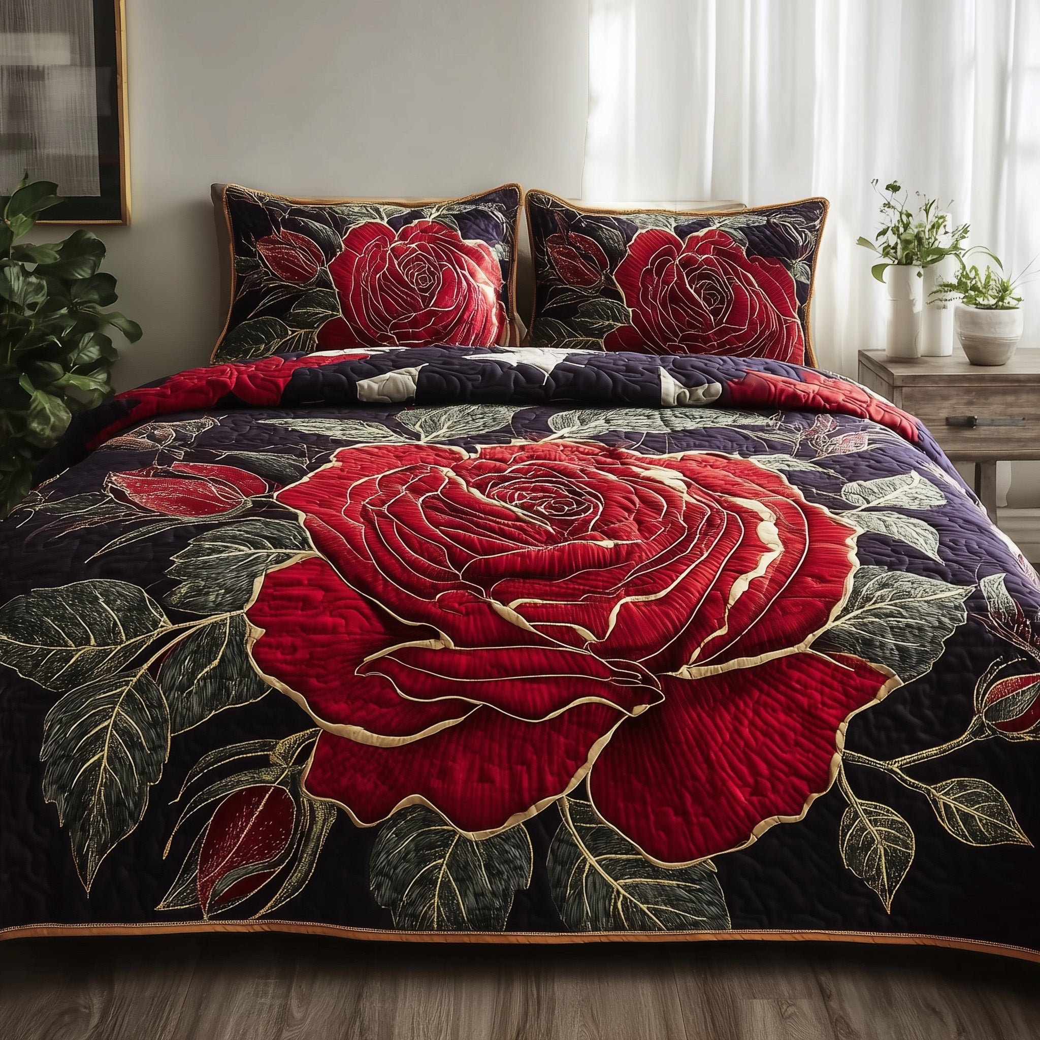 Vintage Rose Quilted Bedding Set Duvet Cover Bedspread Unusual Birthday Gifts For Her