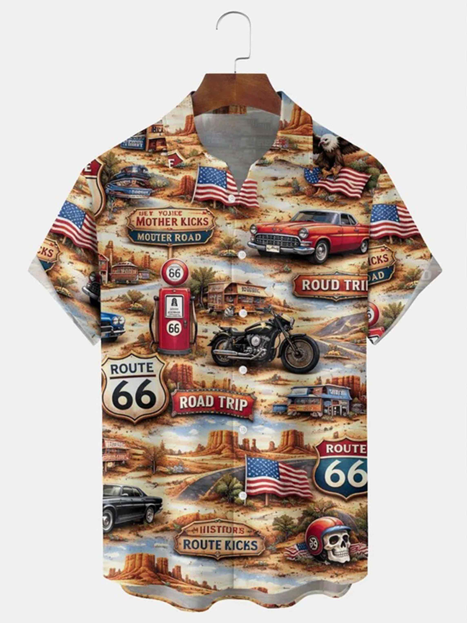 Vintage Route 66 American Flag Button Shirt Semiquincentennial Clothing Patriotic Gifts