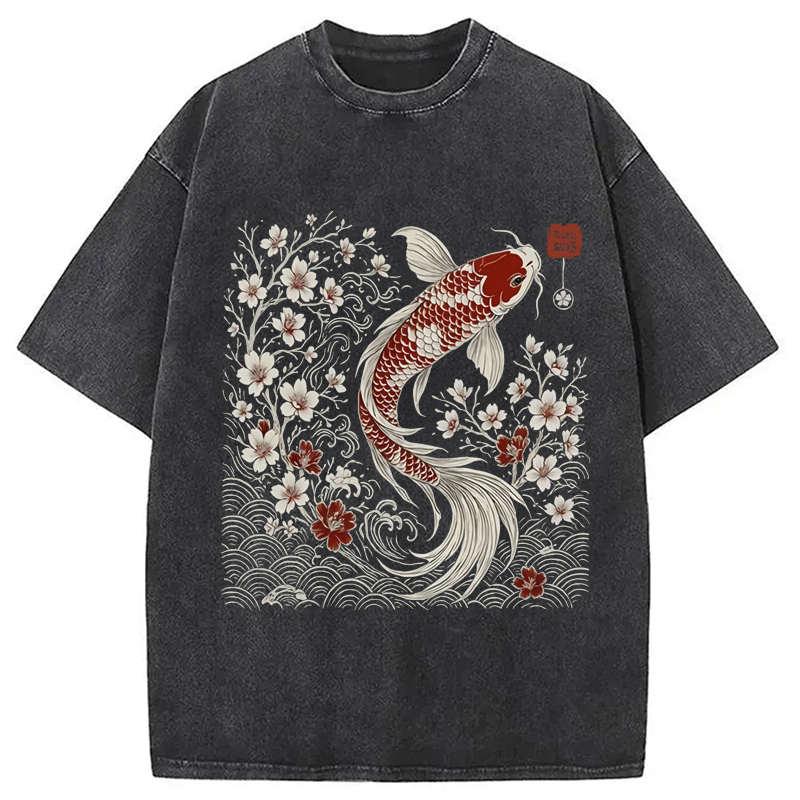 Vintage Sakura And Koi Washed T-Shirt Unique Aesthetic Fashion Tee Gifts For Her