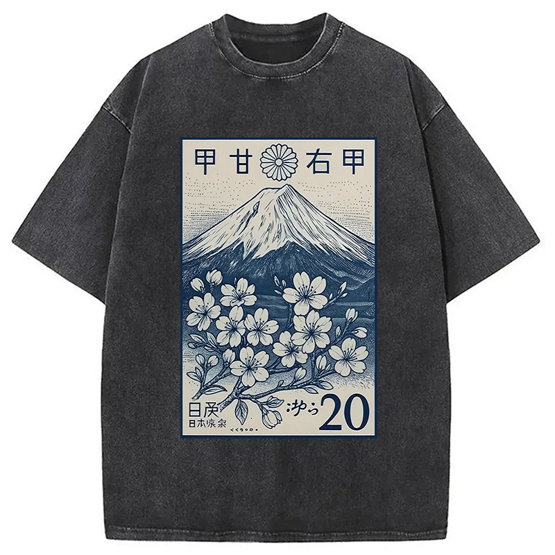 Vintage Sakura Stamp Washed T-Shirt Cool Urban Street Style Shirt Gifts For Him