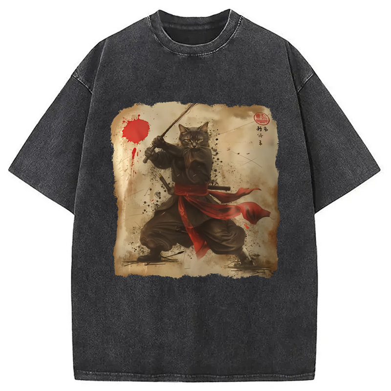 Vintage Samurai Cat Washed T-Shirt Retro Humor Outfit Idea Gifts For Besties