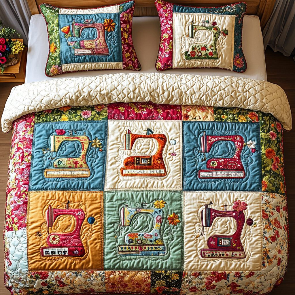 Vintage Sewing Machine Quilted Bedding Set Best Comforter Sets Presents For Sewing Lovers