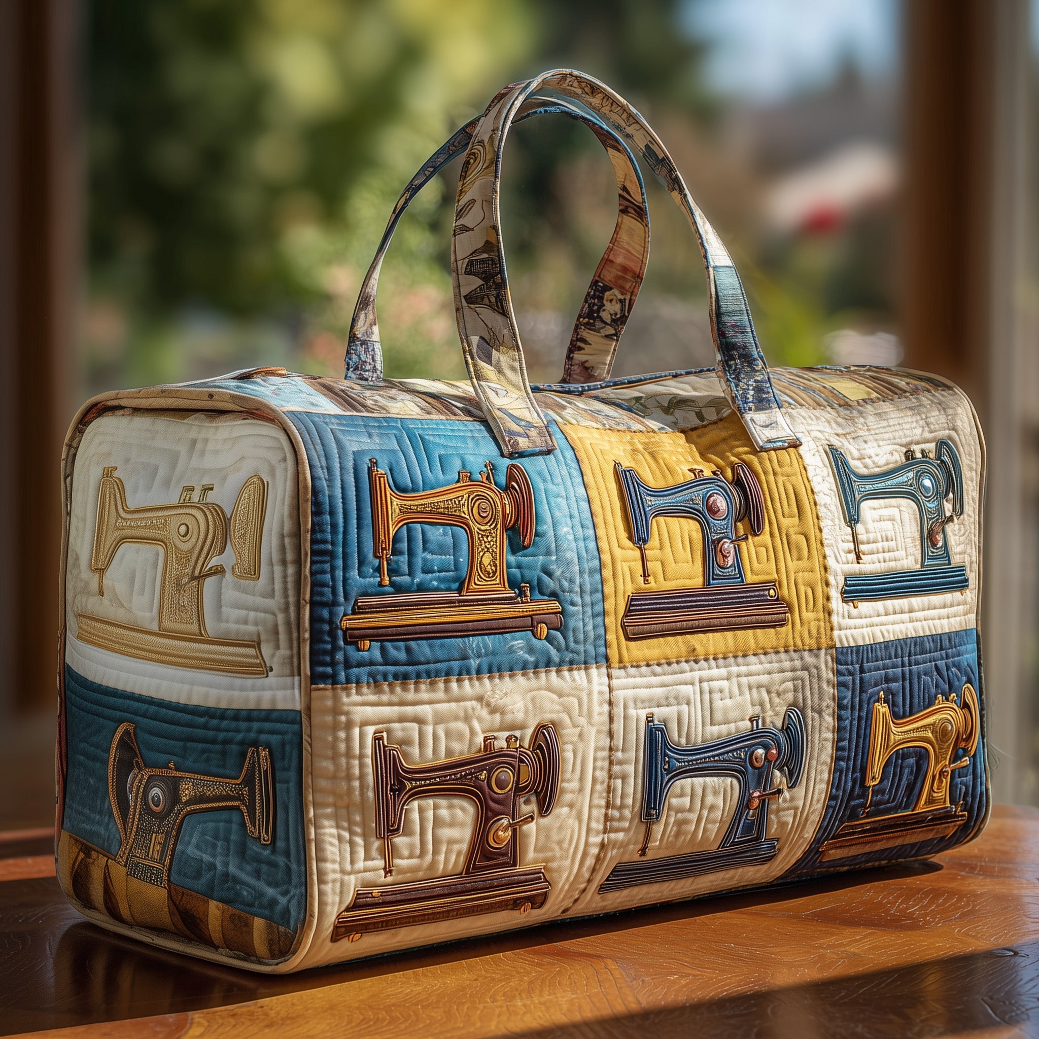 Vintage Sewing Machine Quilted Duffle Bag Organized Storage Pockets