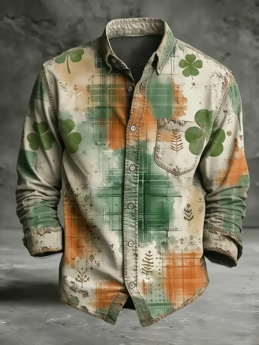 Vintage Shamrock Saint Patrick's Day Long Sleeve Button Up Shirt Men's St Patricks Day Shirt