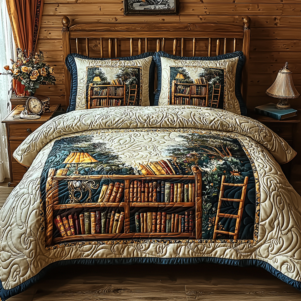 Vintage Shelf Quilted Bedding Set Best Bed Sheet Set Book Lovers Gifts For Boyfriend